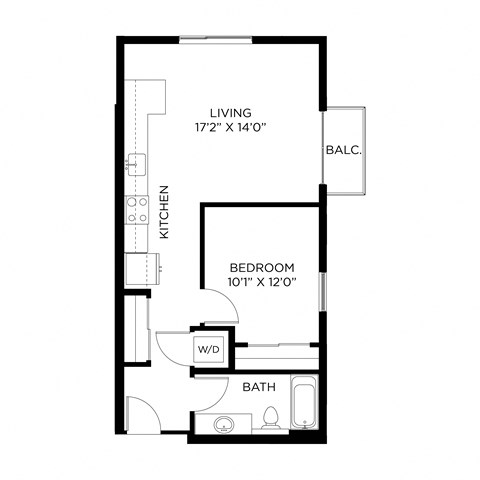 Floor plan for 1 bed, 1 bath, 658 sqft